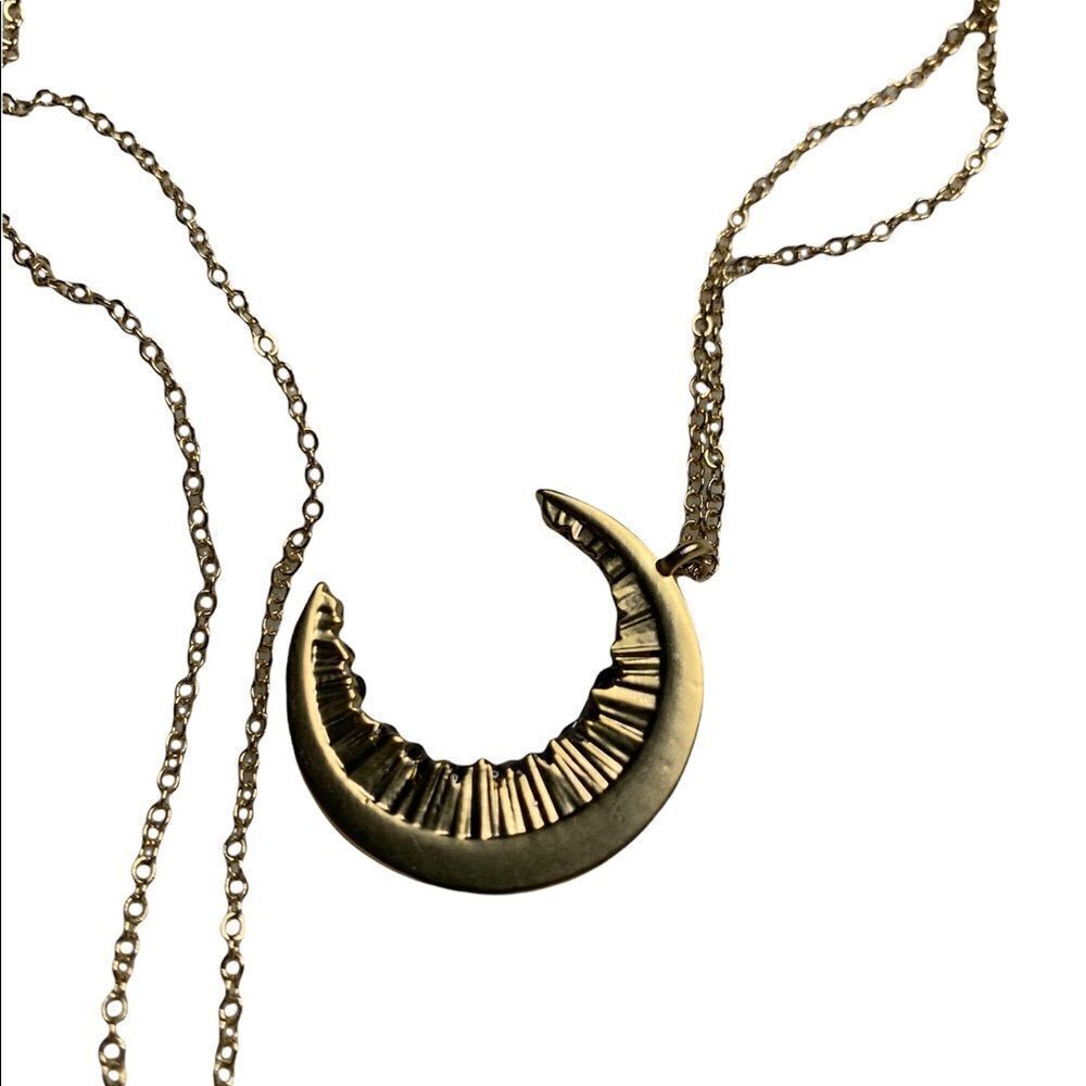 Goldtone Crescent Moon Pendant Necklace Black Crystal Accent 30” Chain - Picture 2 of 6